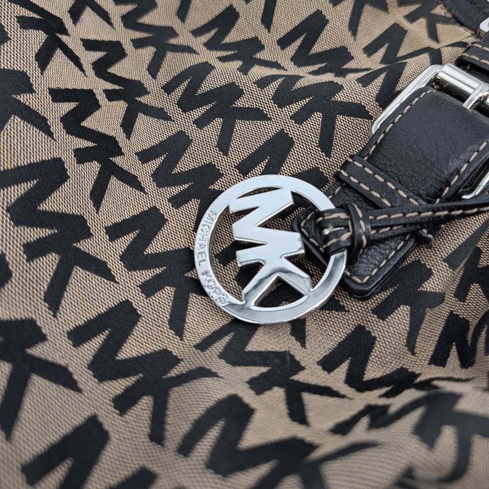 Michael Kors Bedford Signature MK Jacquard Satchel Bag Black Beige w/ Strap MK - Picture 5 of 11